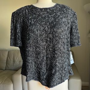 Adrianna Papell Boutique Evening Silk  Beaded Embroidered Black Blouse Sz 3X